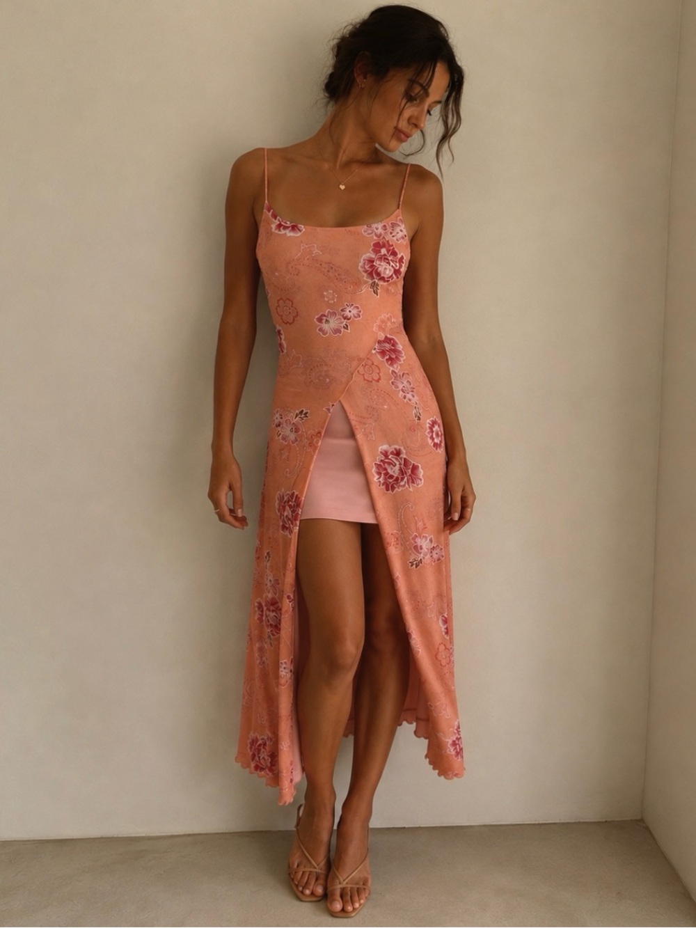 VTG Taboo Y2K Dress Pink Floral Mesh Fairy 2000s Boho FLAW Size Small